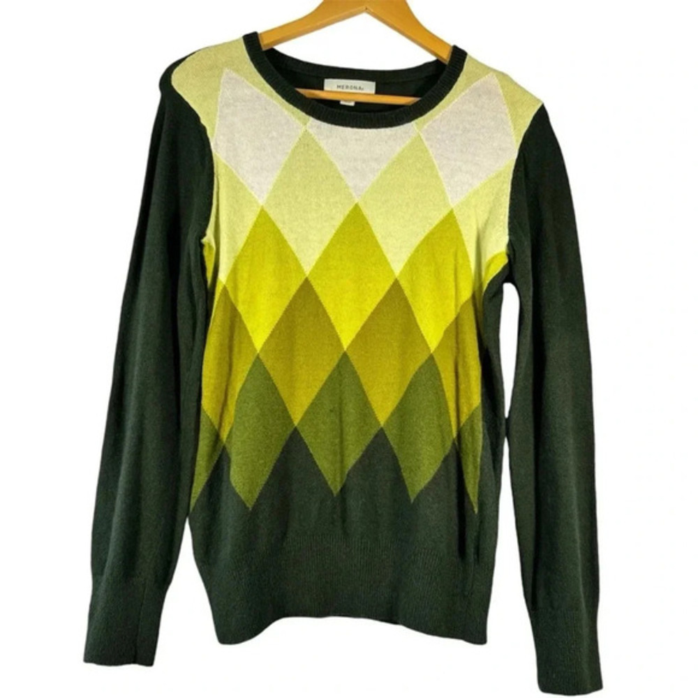 Merona Y2K Knit Wool Blend Green Patterned‎ Crew Neck Sweater Size Medium M